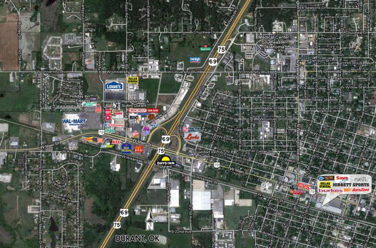 Land for lease in Durant, OK retailer labeled aerial