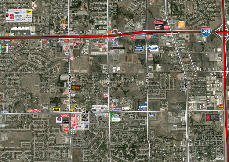 pad site for ground lease or build-to-suit south Oklahoma City, OK retailer aerial