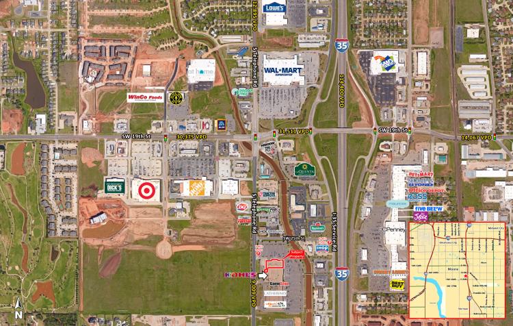Retail space for Lease adjacent to Kohl's on Telephone Rd, Moore, Ok aerial with map insert