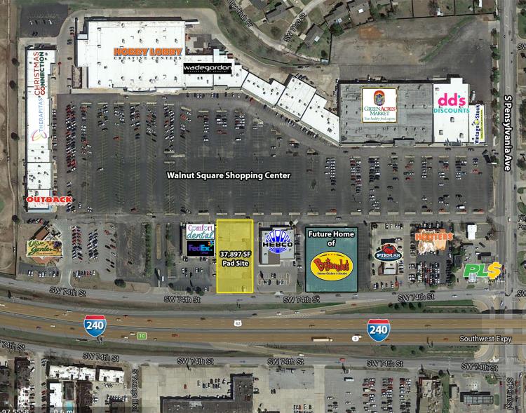 Walnut Square retail pad site for lease or build to suit, south Oklahoma City, OK aerial